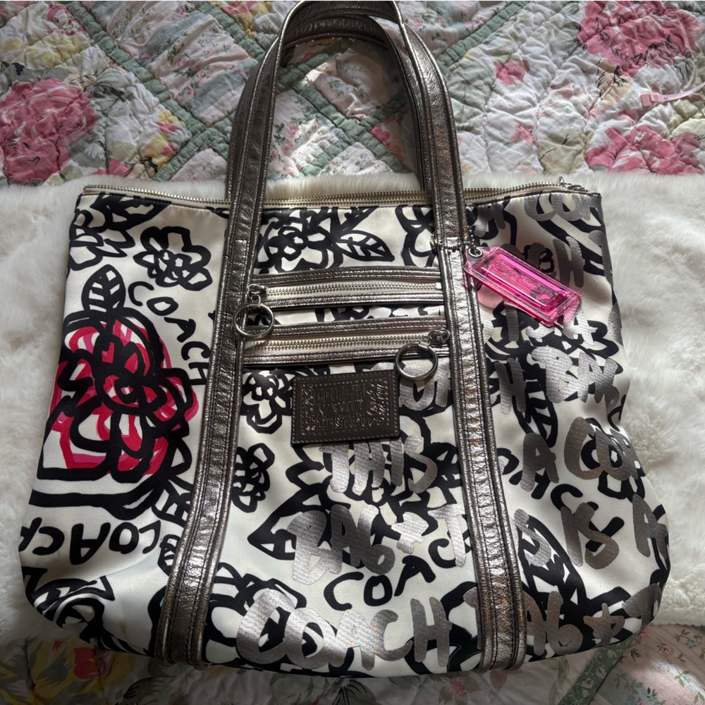 Coach Graffiti Poppy Black and Pink Floral Tote Bag